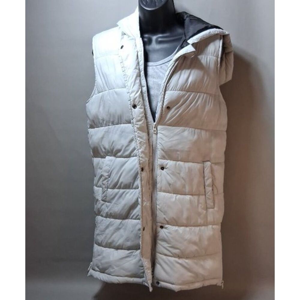 Swiss Tech Light Gray Long Puffer Vest Hooded Sleeveless Quilted Jacket Small